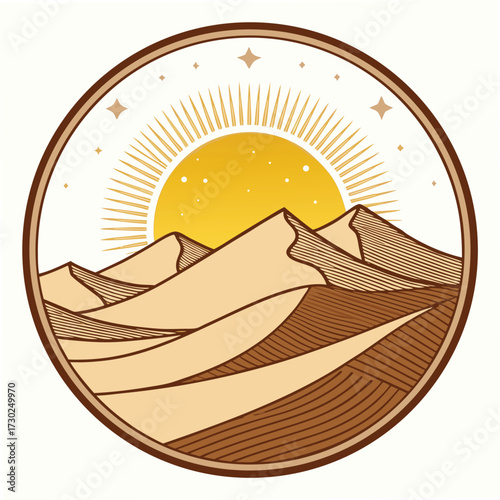 Desert dunes and sun under starry skies in a circle.