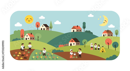 This flat design illustration portrays a harmonious community living in a stylized village, emphasizing the connection between people and nature through simple shapes and a limited color palette.