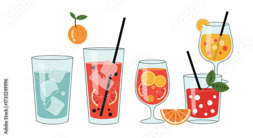 A vibrant collection of refreshing summer drinks adorned with citrus fruits and mint leaves.