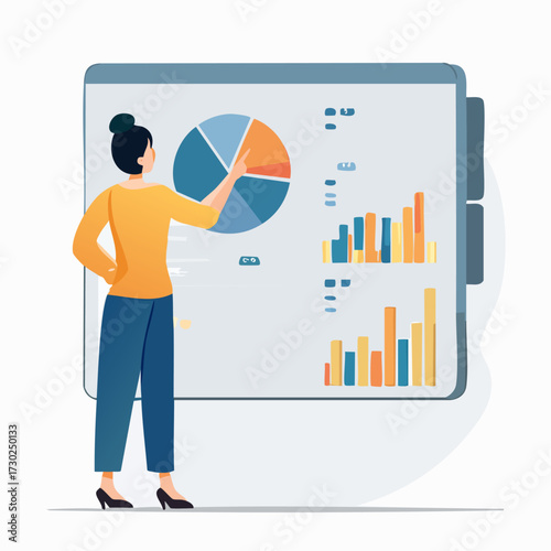A woman in an orange shirt is presenting a business report with charts and graphs on a screen.