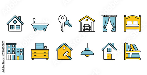 Real estate and home decoration icons featuring furniture and buildings