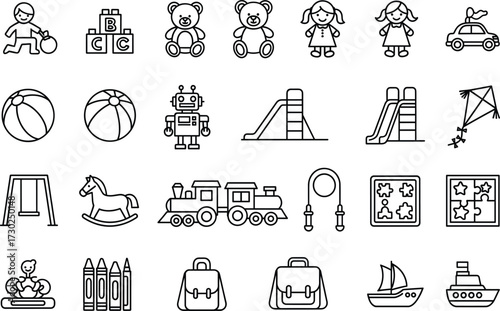 Children’s toy icon set, playtime symbols, school items, early education tools, line style, black and white, vector illustration