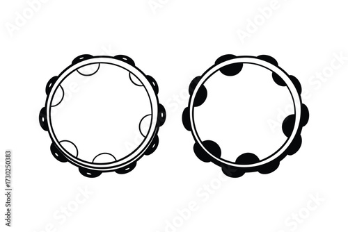 Simple black and white illustration of two circular tambourines side by side
