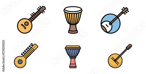 Set of colorful musical instruments icons featuring stringed and percussion instruments