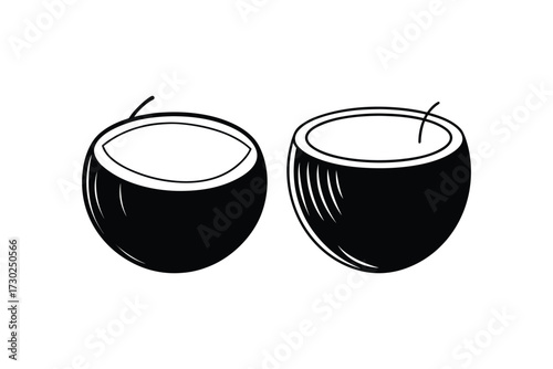 Simple black and white illustration of two halved coconuts side by side