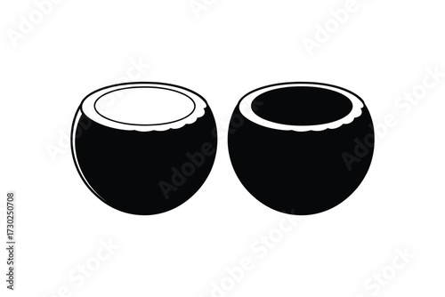 Simple black and white illustration showing a whole and halved coconut
