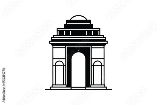 A simple black and white line drawing of india gate structure