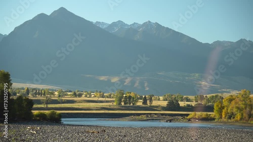 Mountains Tower above Yellowstone River in Montana Morning