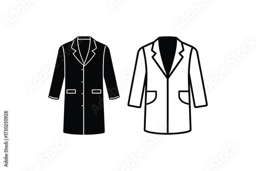 Black and white illustration of two long overcoats hanging on hangers