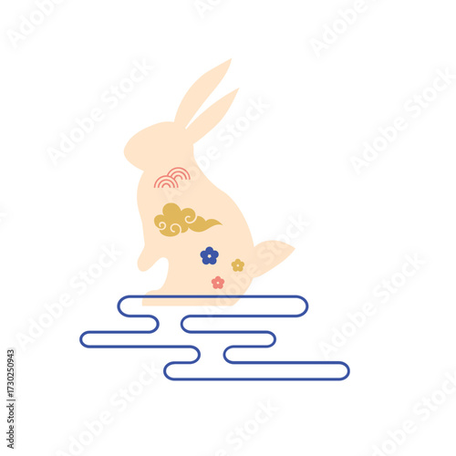 Bunny rabbit on traditional decorative traditional chinese clouds , flowers and icons.  Mid Autumn Festival. svg icon