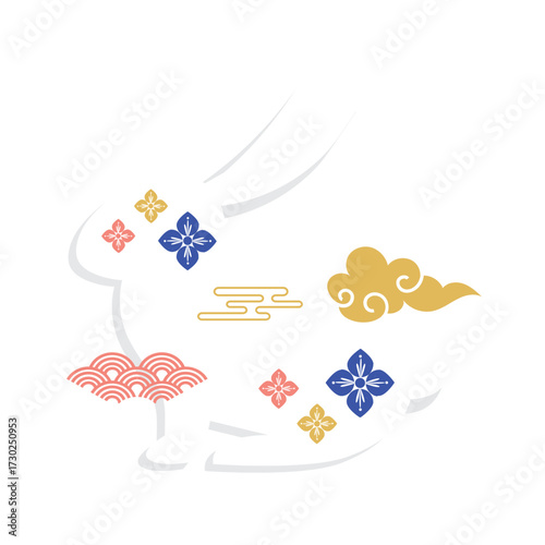 Bunny rabbit on traditional decorative traditional chinese clouds , flowers and icons.  Mid Autumn Festival. svg icon