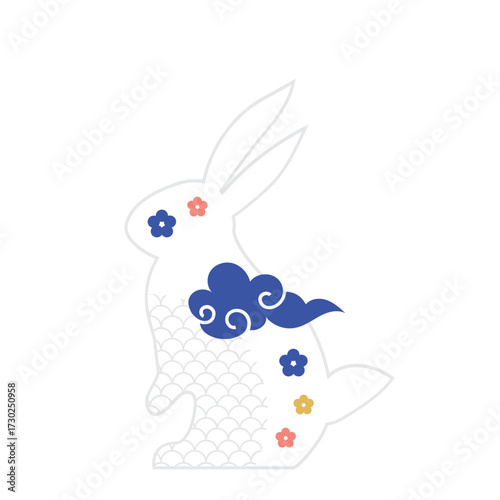 Bunny rabbit on traditional decorative traditional chinese clouds , flowers and icons.  Mid Autumn Festival. svg icon