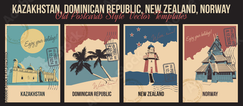 Kazakhstan, Dominican Republic, New Zealand, Norway Main Attractions Posters. Caribbean Beach, Waipapa Lighthouse, Norsk Folkemuseum, Arystan Bab Mausoleum