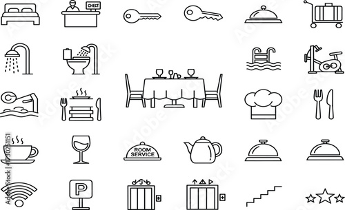 Hotel amenities icons, hospitality services, room features, food tray, chef hat, swimming pool, elevator, parking, Wi-Fi, reception desk