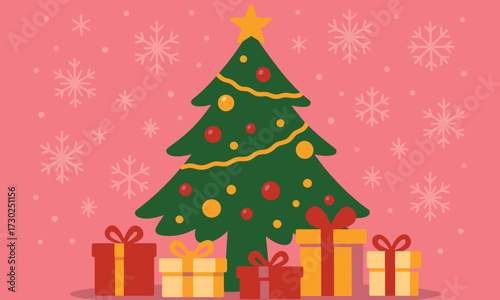 Christmas Tree with Gifts Flat Vector Illustration