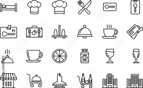 Hospitality icons, hotel service symbols, travel elements, dining utensils, chef hat, room service tray, coffee cup, luggage, storefront, towel rack