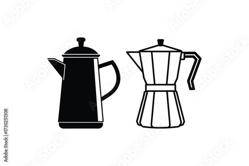 Two black and white illustrations of different types of coffee pots