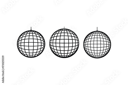 Three spherical wireframe objects arranged in a simple linear composition