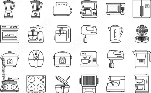 Kitchen appliance icon set, black and white, vector silhouette, cooking tools, modern kitchen gadgets, food prep, minimalist design, commercial use