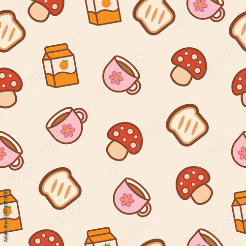 cute breakfast  illustration ,pink cup ,bread ,juice and mushroom .