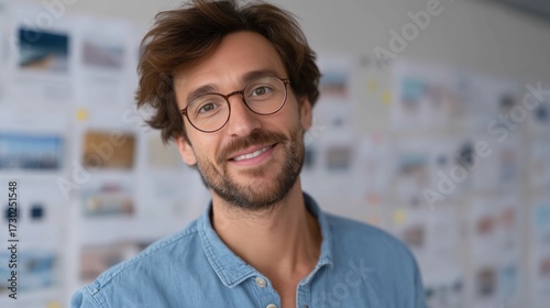 A close-up portrait of a smiling man, radiating confidence and approachability, his eyes shining with warmth and positivity.