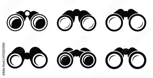Six different vector binoculars icons in black color on white background
