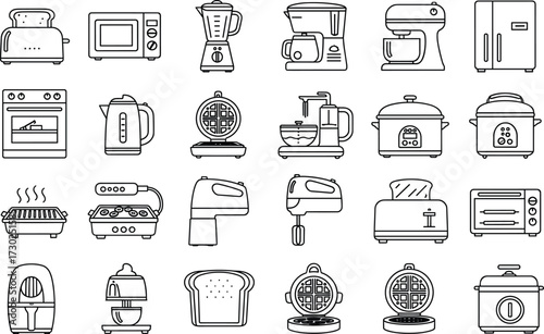 Kitchen appliance icon set, line style, black and white, cooking tools, food prep, vector illustration, modern gadgets, commercial use