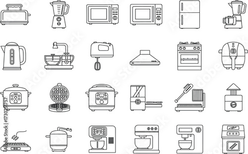 Kitchen appliance icon set, line style, black and white, cooking tools, modern kitchen gadgets, food prep, vector illustration, commercial use