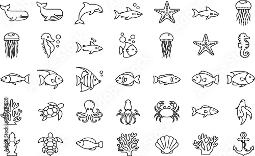 Marine icons, ocean creatures, sea animals, underwater life, coral reef, nautical symbols, black and white, vector, line art, cartoon