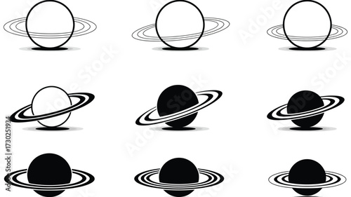 Saturn Planet Symbol Vector,  Silhouette Icon Set