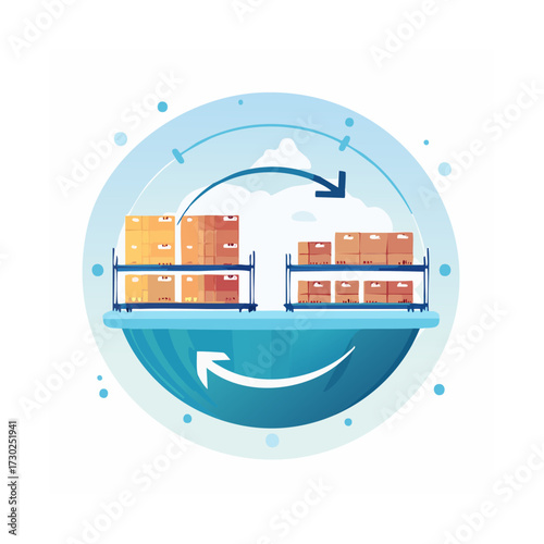 Illustration depicting inventory management, logistics, and the movement of goods within a supply chain.