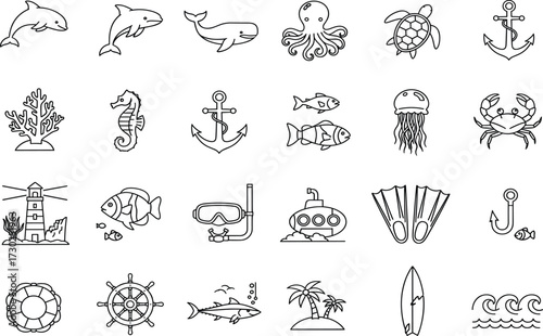 Marine life icons, ocean creatures, beach symbols, nautical elements, sea animals, underwater adventure, coastal design, line art, black and white