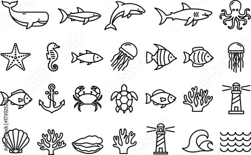 Ocean icons, marine creatures, sea animals, nautical symbols, underwater life, coral reef, black and white, vector, line art, cartoon