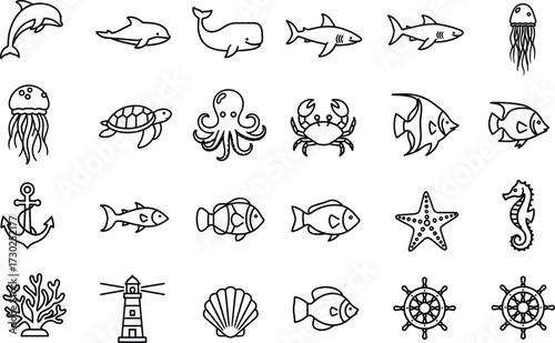 Ocean icons, marine creatures, sea animals, underwater life, nautical symbols, coral reef, black and white, vector, line art, cartoon