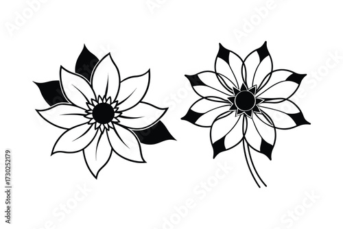 Two delicate black and white floral designs with detailed petal structures