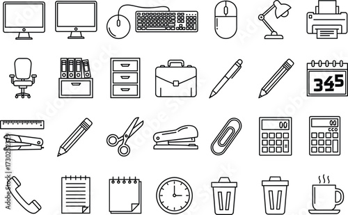 Office icons, workspace symbols, business tools, equipment graphics, stationery vector, elegant line art, productivity elements, desk setup, UI illustration, organization theme