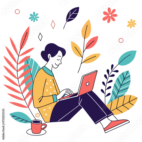 Person working on a laptop surrounded by plants