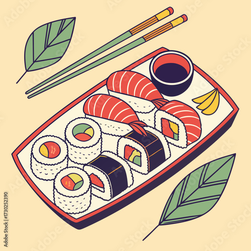 Vibrant sushi platter with chopsticks and soy sauce creates a delicious and visually appealing culinary scene for food enthusiasts and restaurants