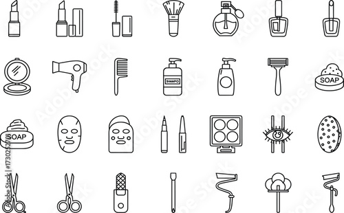 Personal care icon set, beauty tools, hygiene items, grooming symbols, cosmetic products, line style, black and white, vector illustration