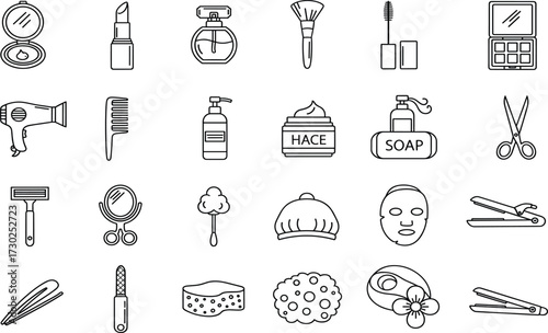 Personal care icon set, grooming tools, hygiene items, cosmetic symbols, beauty accessories, line style, black and white, vector illustration