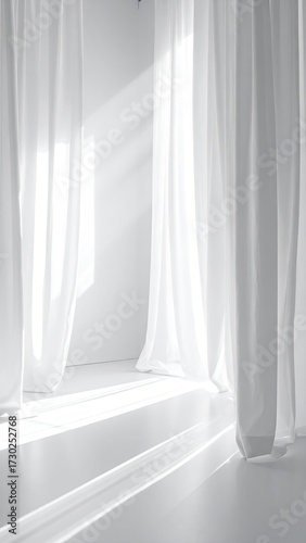 Sunlit White Room Corner with Flowing Curtains and Bright Light Rays Minimalist Aesthetic Interior Design and Clean Lines Soft Lighting