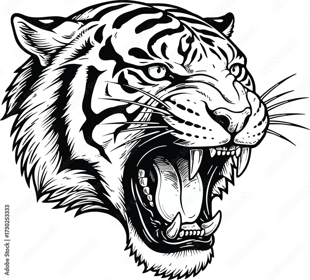 Obraz premium Fierce tiger head roaring with aggression, a powerful wild cat mascot emblem in a black and white vector style