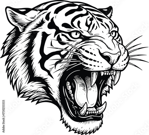 Fierce tiger head roaring with aggression, a powerful wild cat mascot emblem in a black and white vector style