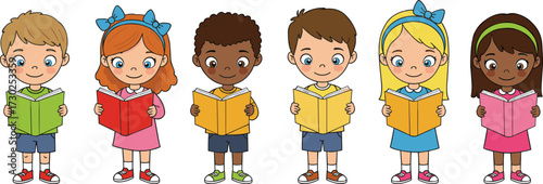 Group of cute cartoon school children reading books, happy diverse kids learning, studying together, education, classroom illustration for teaching resources