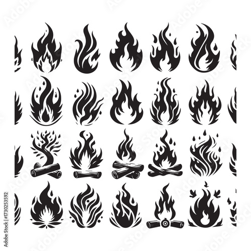 Diverse black stylized flame icons and campfire symbols including a tree of life motif on a white background Keywords: fire, flame, bonfire, campfire, heat, energy, burning, blaze, ignition
