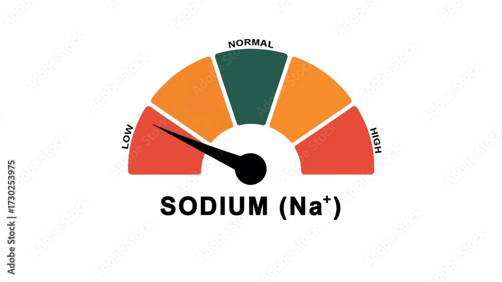 Animated sodium (Na⁺) level meter moving from low level to normal level, ideal for concepts related to electrolyte balance, hydration, kidney function, and medical monitoring