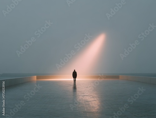 Silhouette of a Person Standing on a Wet Pathway Illuminated by a Dramatic Light Beam and a Moody Atmosphere
