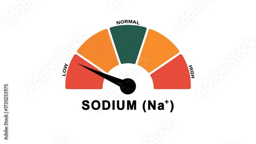 Animated sodium (Na⁺) level meter moving from low level to normal level, ideal for concepts related to electrolyte balance, hydration, kidney function, and medical monitoring