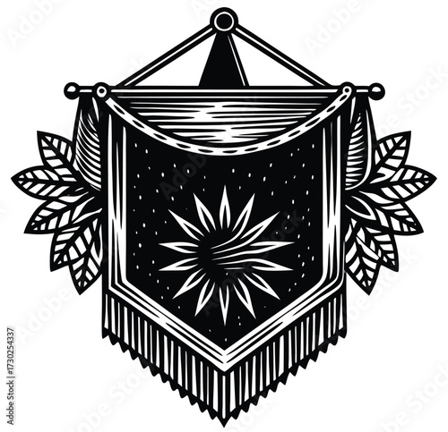 Emblem of Honor: A meticulously crafted heraldic emblem, featuring a sunburst motif on a banner, adorned with intricate details that evoke a sense of timeless elegance.