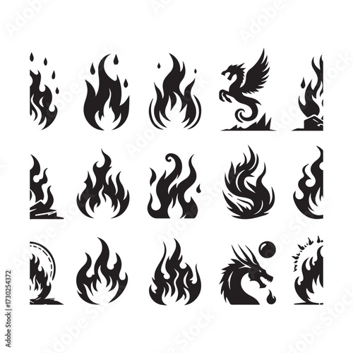 Fantasy Fire Icons Featuring Dragons and Mythical Creatures on White Background flame griffin